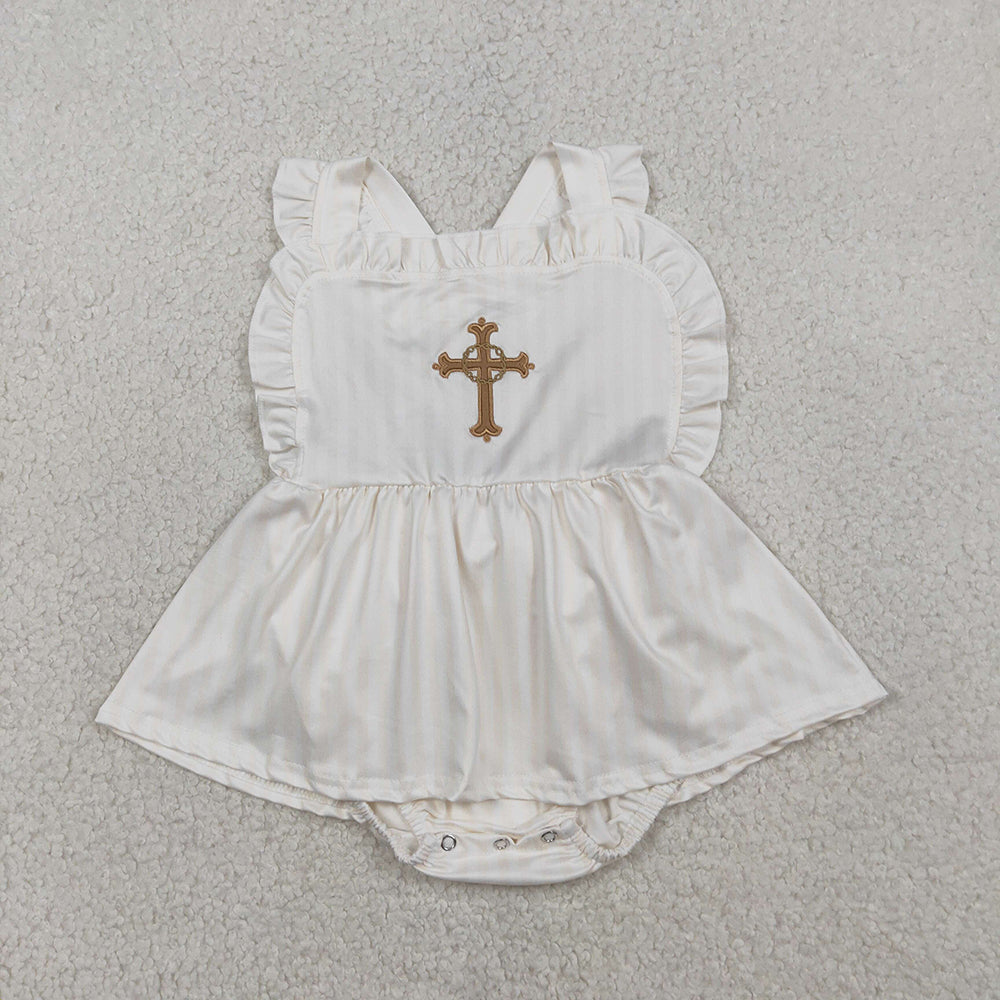 SR3306 Cross Embroidery Stripes Print Baby Girls Easter Skirted Romper