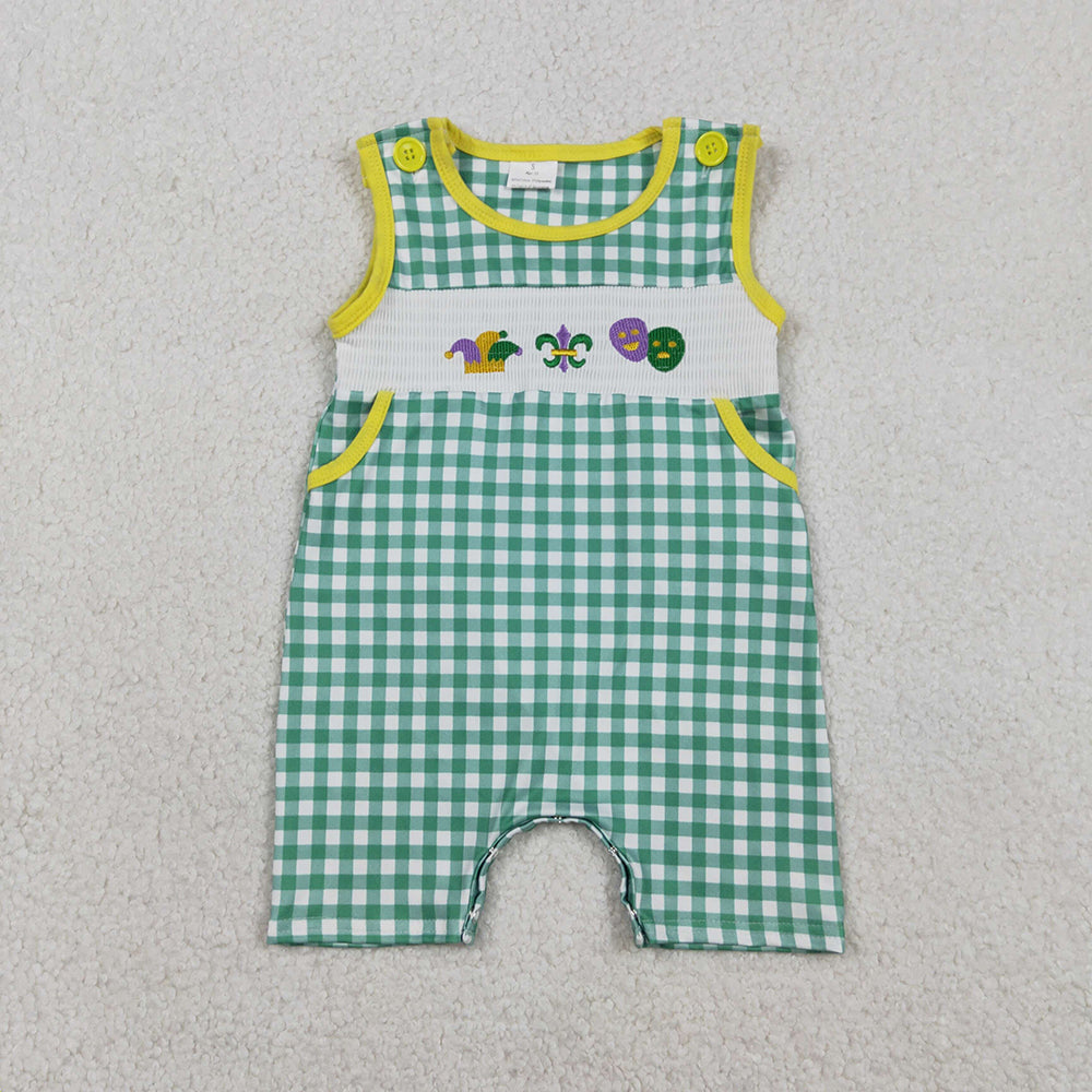 SR3312 Mask Embroidery Green Plaid Print Baby Boys Mardi Gras Smocked Romper