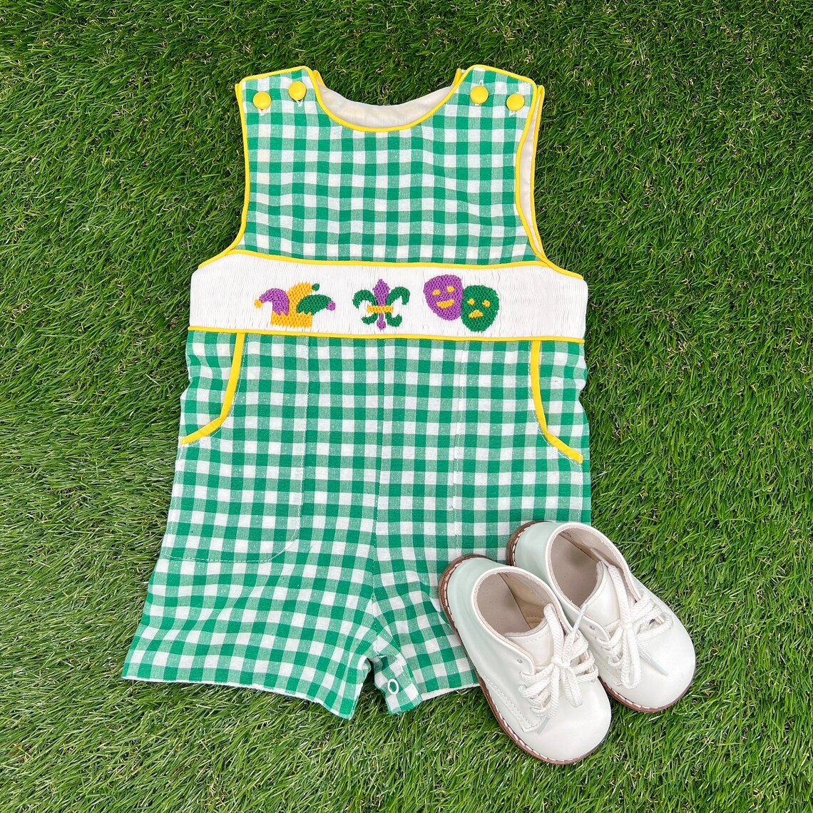 (Pre-order)SR3312 Mask Green Plaid Print Baby Boys Mardi Gras Romper