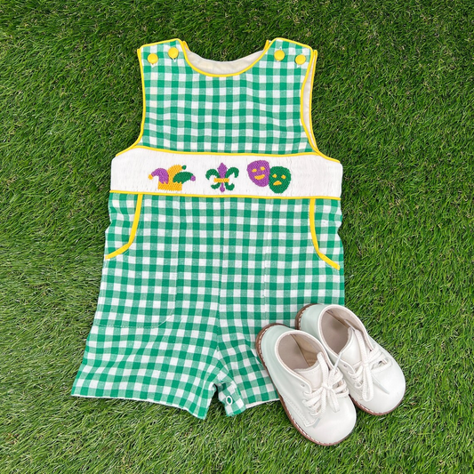 (Pre-order)SR3312 Mask Green Plaid Print Baby Boys Mardi Gras Romper