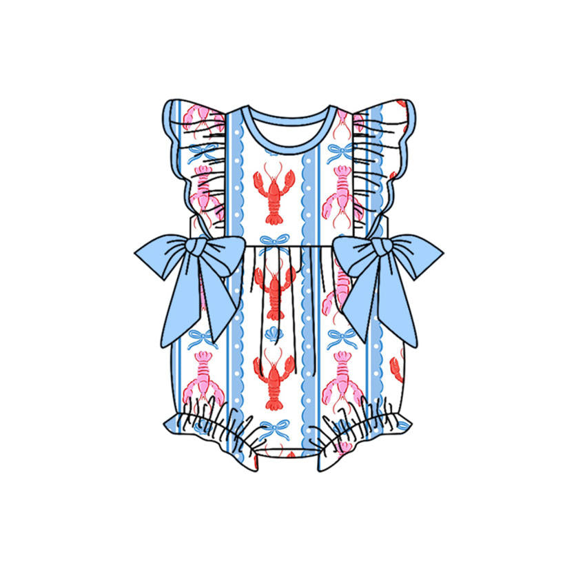 (Pre-order)SR3317 Crayfish Bows Blue Print Baby Girls Summer Romper