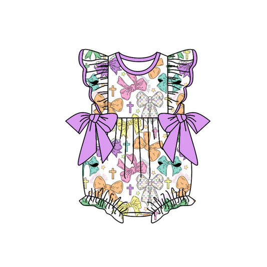 (Pre-order)SR3318 Colorful Bows Cross Print Baby Girls Easter Romper