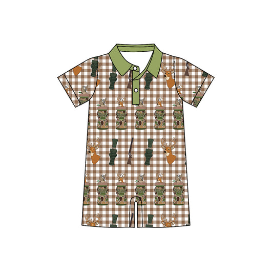 (Pre-order)SR3328 Duck Call Deer Plaid Print Baby Boys Summer Romper