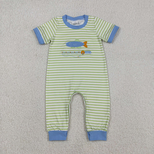 SR3329 Fishing Embroidery Stripes Print Baby Boys Summer Romper