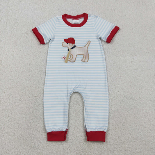 SR3330 Baseball Dog Embroidery Stripes Print Baby Boys Summer Romper