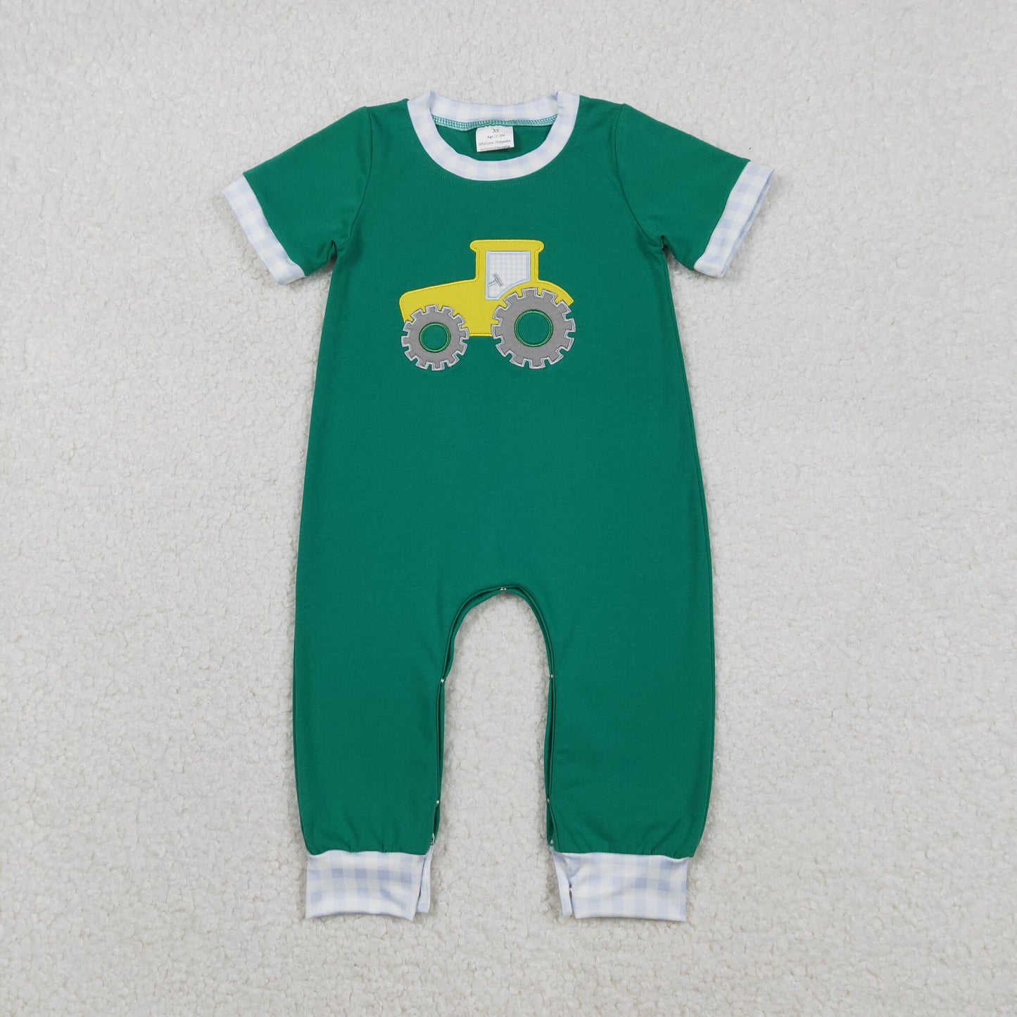 SR3332 Tractor Embroidery Green Baby Boys Summer Romper