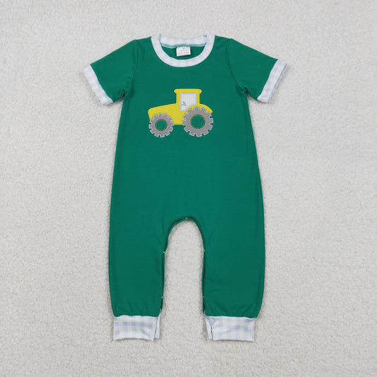 SR3332 Tractor Embroidery Green Baby Boys Summer Romper