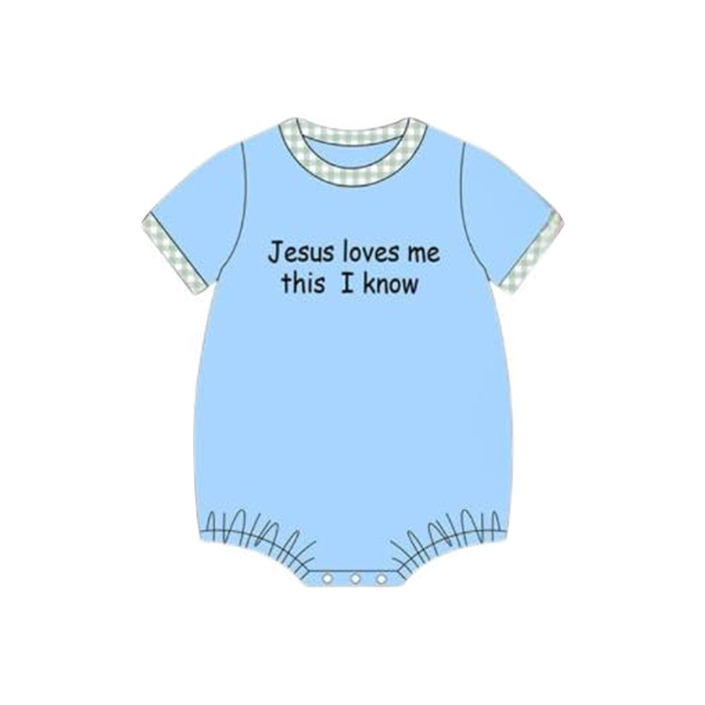 (Pre-order)SR3342 Jesus Loves Me This I Know Blue Print Baby Boys Easter Romper