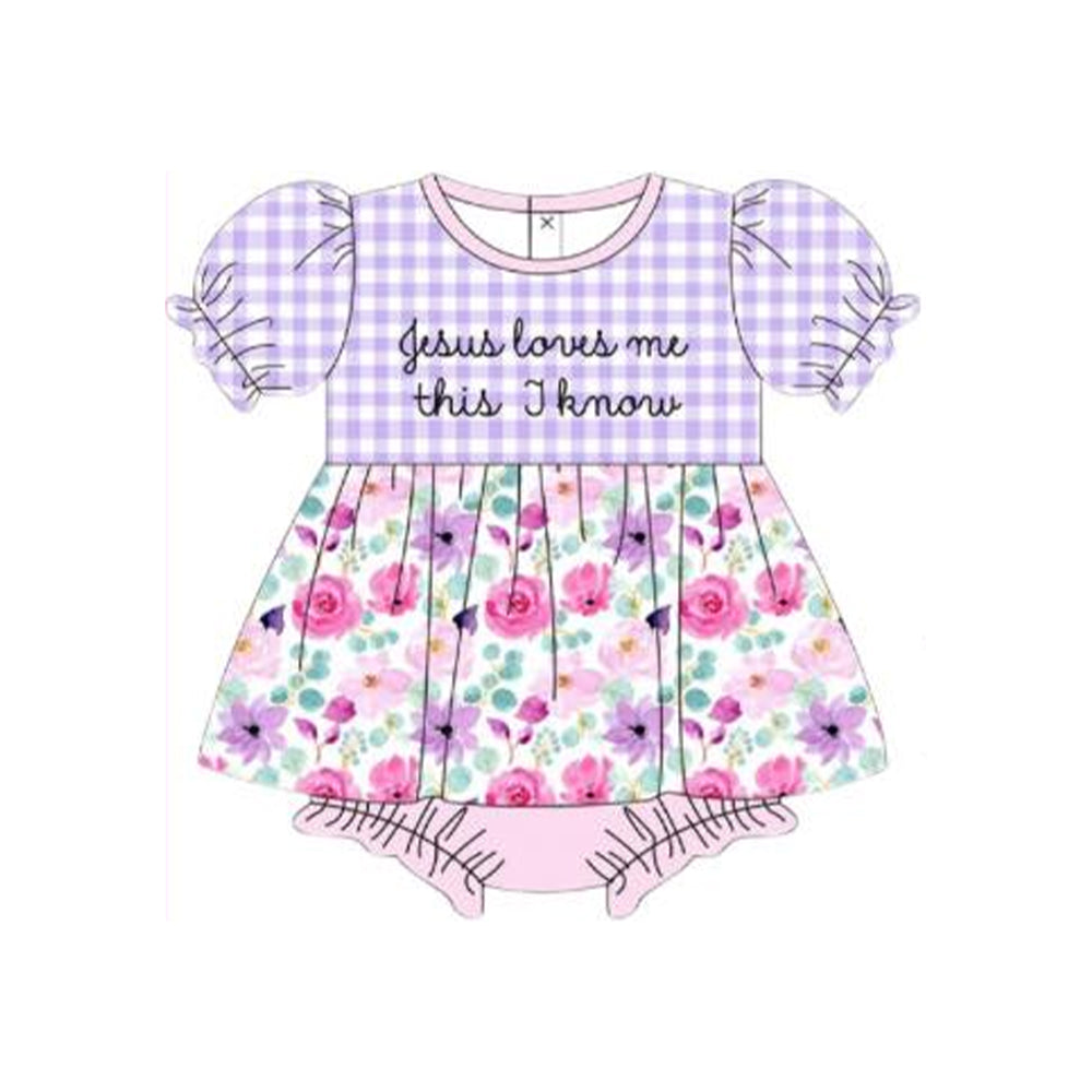 (Pre-order)SR3343 Jesus Loves Me This I Know Flowers Print Baby Girls Easter Romper