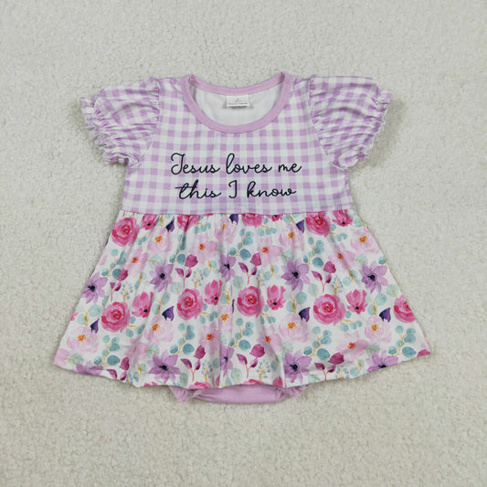 SR3343 Jesus Loves Me This I Know Flowers Print Baby Girls Easter Skirted Romper