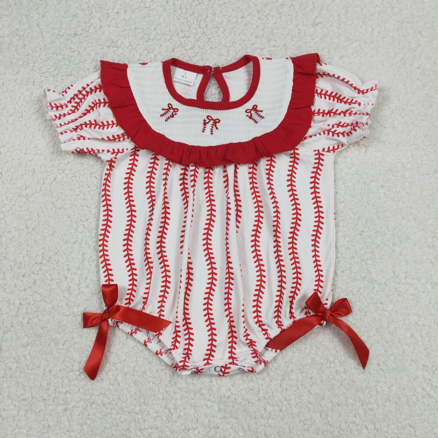 SR3345 Baseball Bows Embroidery Baby Girls Summer Smocked Romper