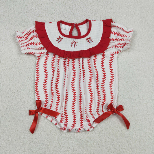 SR3345 Baseball Bows Embroidery Baby Girls Summer Smocked Romper