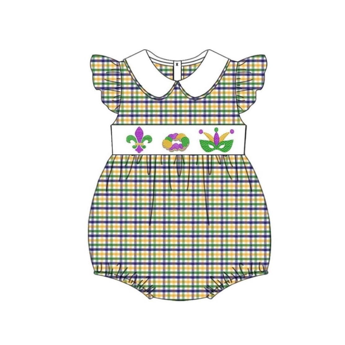 (Pre-order)SR3350 Anchor Donut Mask Plaid Print Baby Girls Mardi Gras Romper