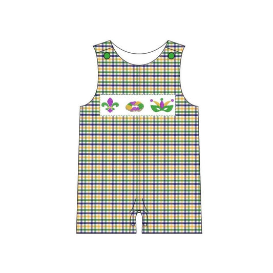 (Pre-order)SR3351 Anchor Donut Mask Plaid Print Baby Boys Mardi Gras Romper