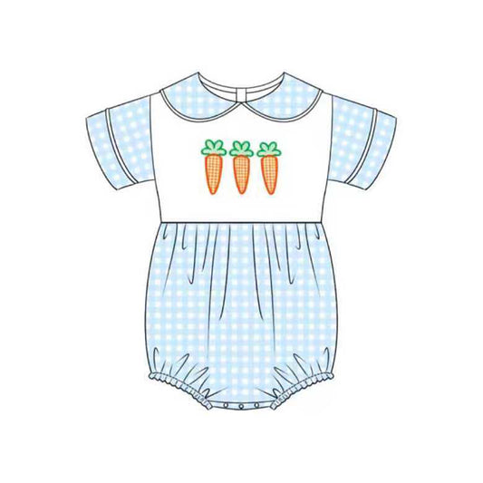 (Pre-order)SR3361 Carrot Blue Plaid Print Baby Easter Romper