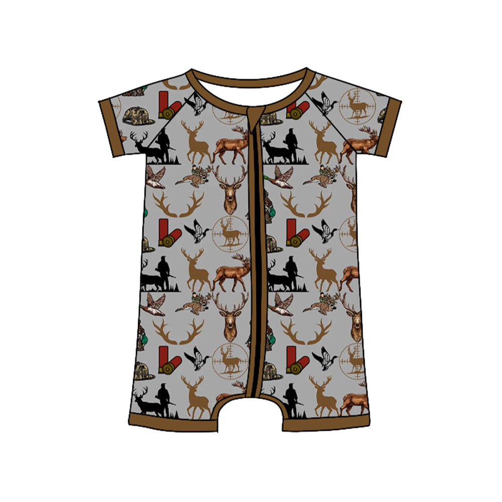 (Pre-order)SR3365 Dog Duck Deer Hunting Print Baby Boys Summer Sleeper Zipper Romper