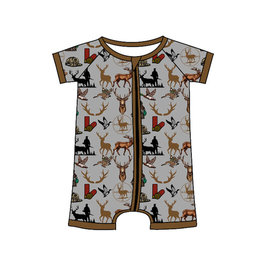 (Pre-order)SR3365 Dog Duck Deer Hunting Print Baby Boys Summer Sleeper Zipper Romper
