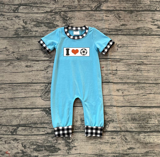 (Pre-order)SR3369 I LOVE Soccer Blue Print Baby Boys Summer Romper