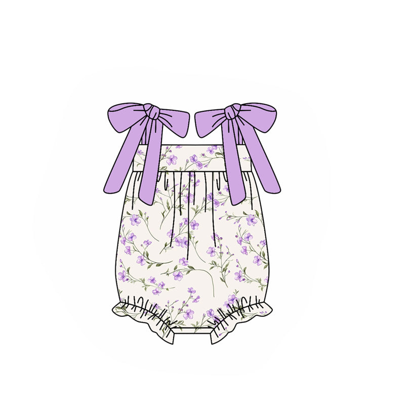 (Pre-order)SR3371 Purple Flowers Print Baby Girls Summer Romper