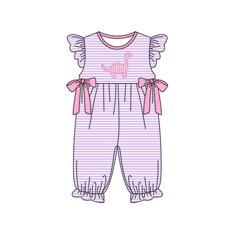 (Pre-order)SR3372 Dino Purple Stripes Print Baby Girls Summer Romper