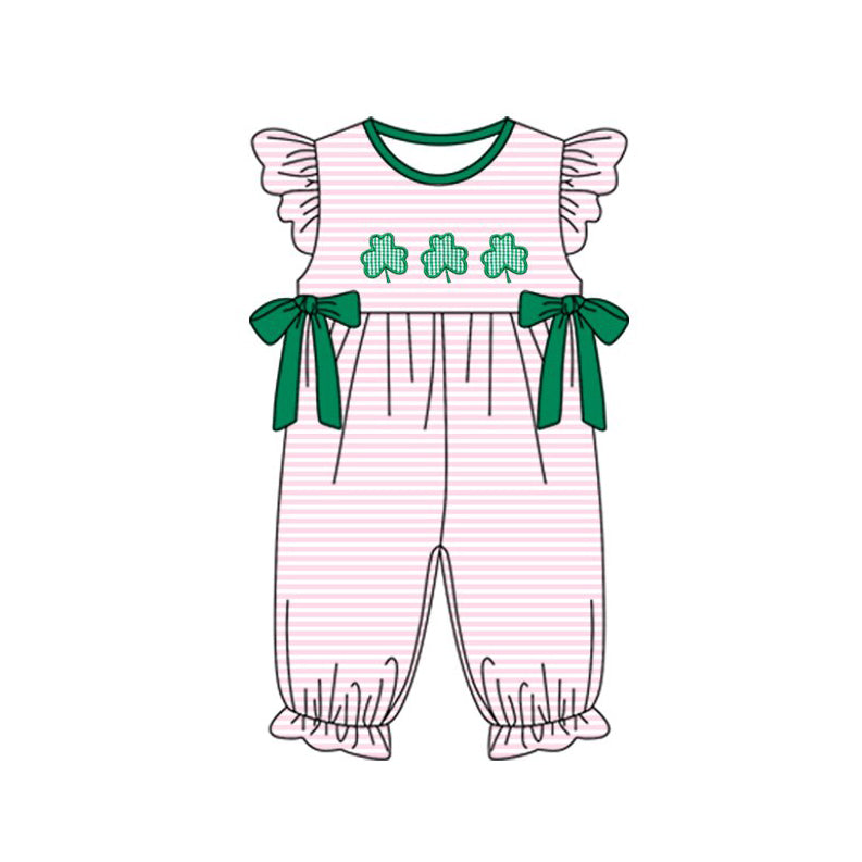 (Pre-order)SR3375 Leaf Pink Stripes Print Baby Girls St. Patrick's Day Romper
