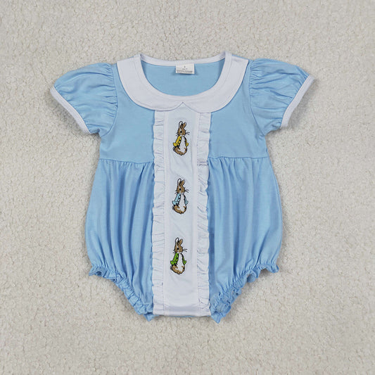 SR3382 Bunny Embroidery Blue Color Baby Girls Easter Romper