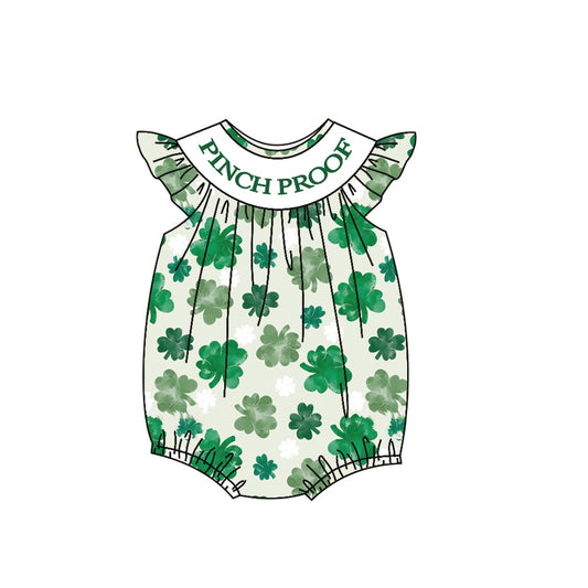 (Pre-order)SR3388 PINCH PROOF Leaf Green Print Baby Girls St. Patrick's Day Bubble Romper