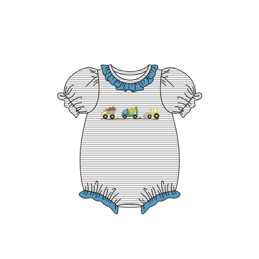 (Pre-order)SR3398 Construction Trucks Grey Stripes Print Baby Girls Summer Romper