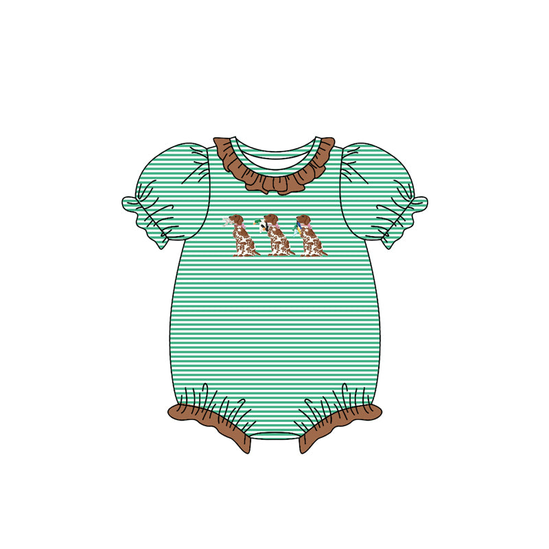 (Pre-order)SR3404 Dog Hunting Green Stripes Print Baby Girls Summer Romper