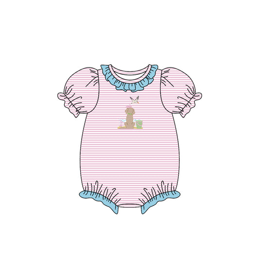 (Pre-order)SR3406 Duck Puppy Beach Pink Stripes Print Baby Girls Summer Romper