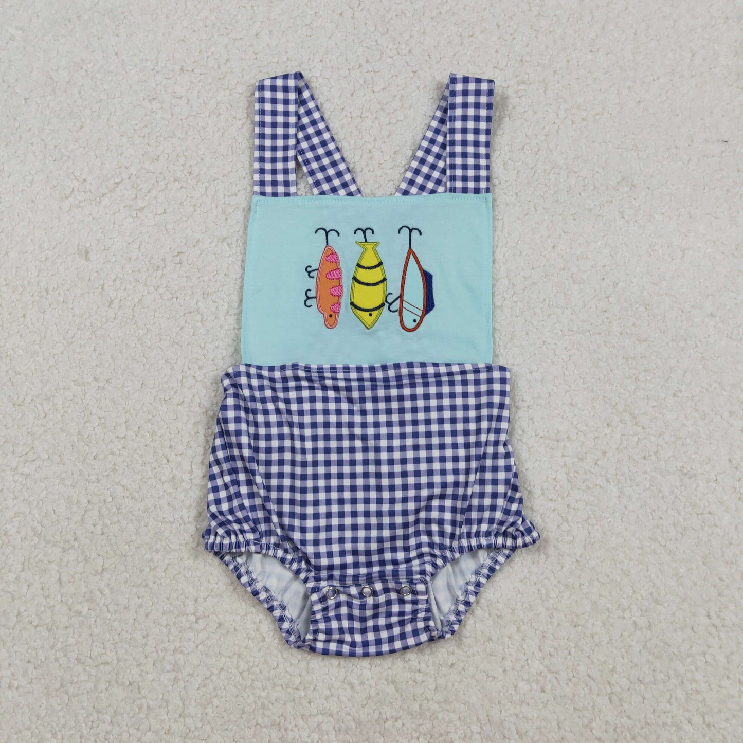 Fishhook Embroidery Plaid Print Kids Summer Matching Clothes Sibling Wear