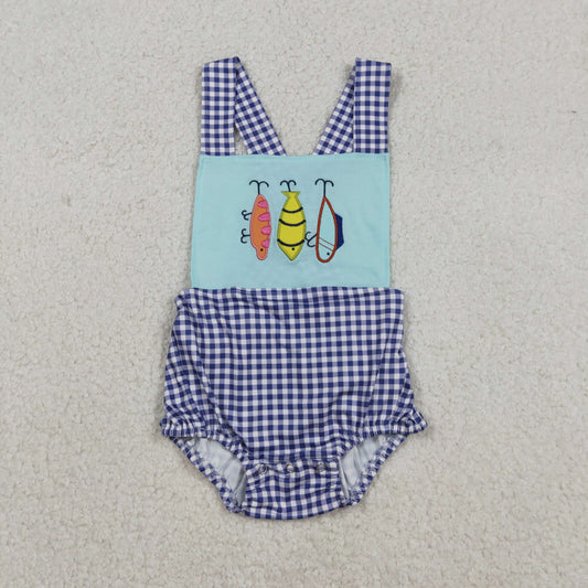 SR3413 Fishhook Embroidery Plaid Print Baby Boys Summer Bubble Romper