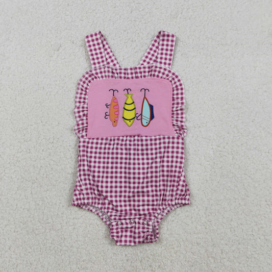 SR3414 Fishhook Embroidery Plaid Print Baby Girls Summer Backless Bubble Romper