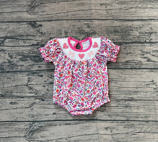 (Pre-order)SR3465 Heart Bows Pink Flowers Print Baby Girls Valentine's Day Romper