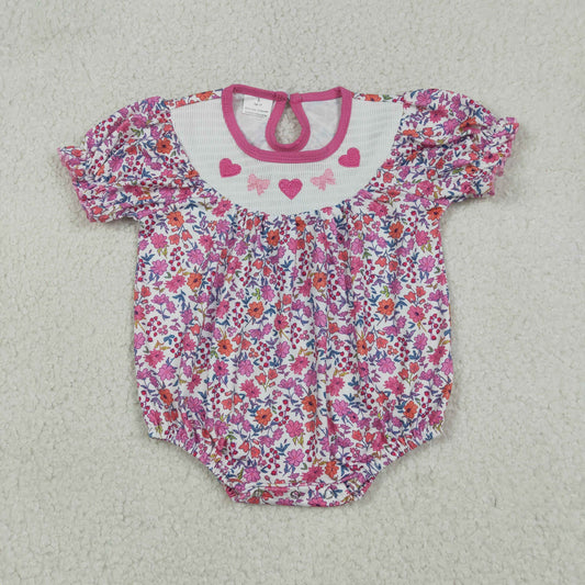 SR3465 Heart Bows Embroidery Pink Flowers Print Baby Girls Valentine's Day Smocked Romper