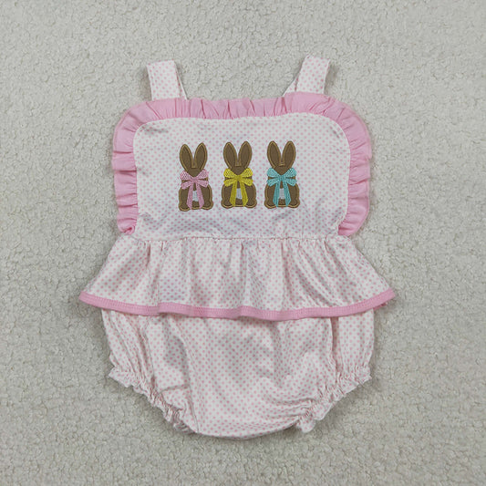 SR3477 Bunny Embroidery Dots Print Baby Girls Easter Bubble Romper