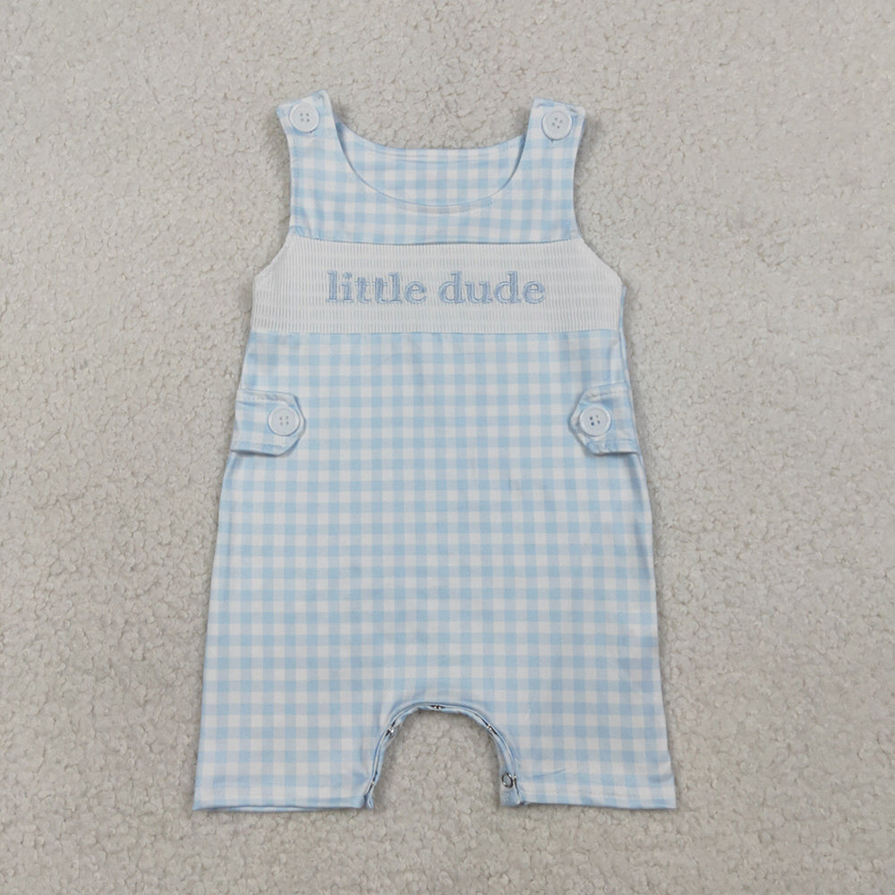 SR3482 Little Dude Embroidery Blue Plaid Print Baby Boys Summer Smocked Romper