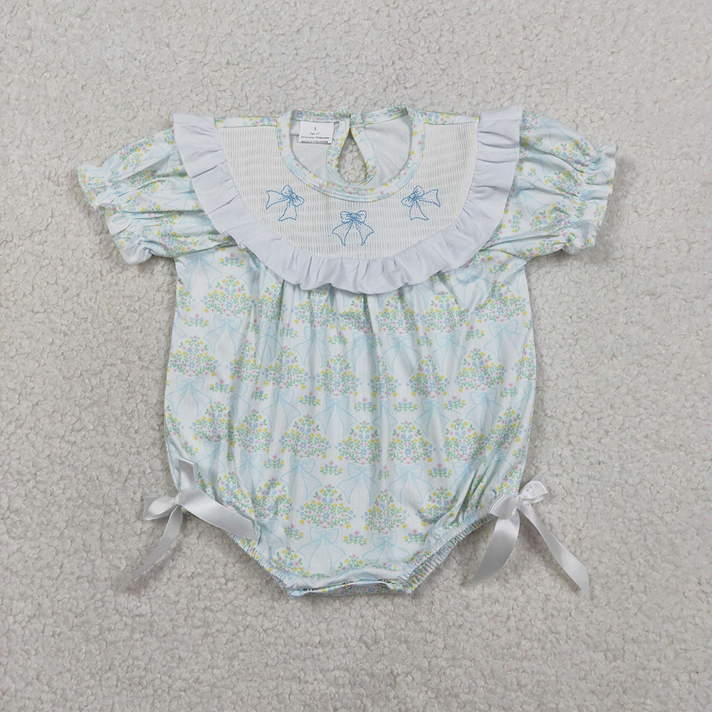 SR3487 Bows Embroidery Small Flowers Print Baby Girls Summer Smocked Romper