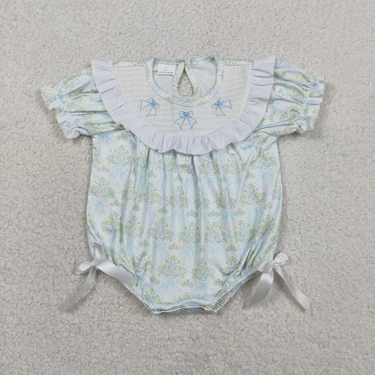 SR3487 Bows Embroidery Small Flowers Print Baby Girls Summer Smocked Romper