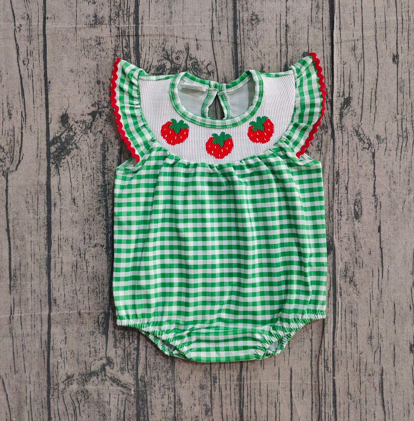 (Pre-order)SR3550 Strawberry Green Plaid Print Baby Girls Summmer Romper