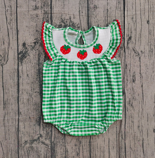 (Pre-order)SR3550 Strawberry Green Plaid Print Baby Girls Summmer Romper