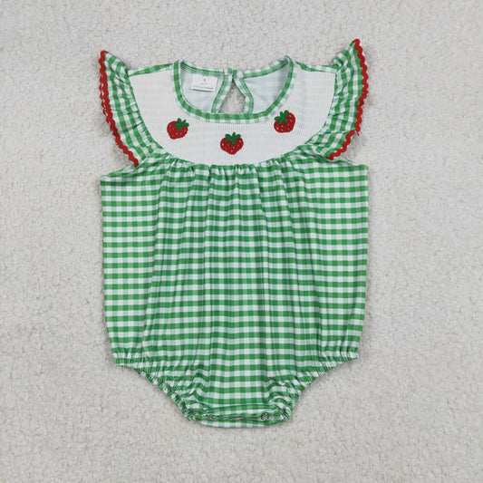 SR3550 Strawberry Embroidery Green Plaid Print Baby Girls Summmer Smocked Romper