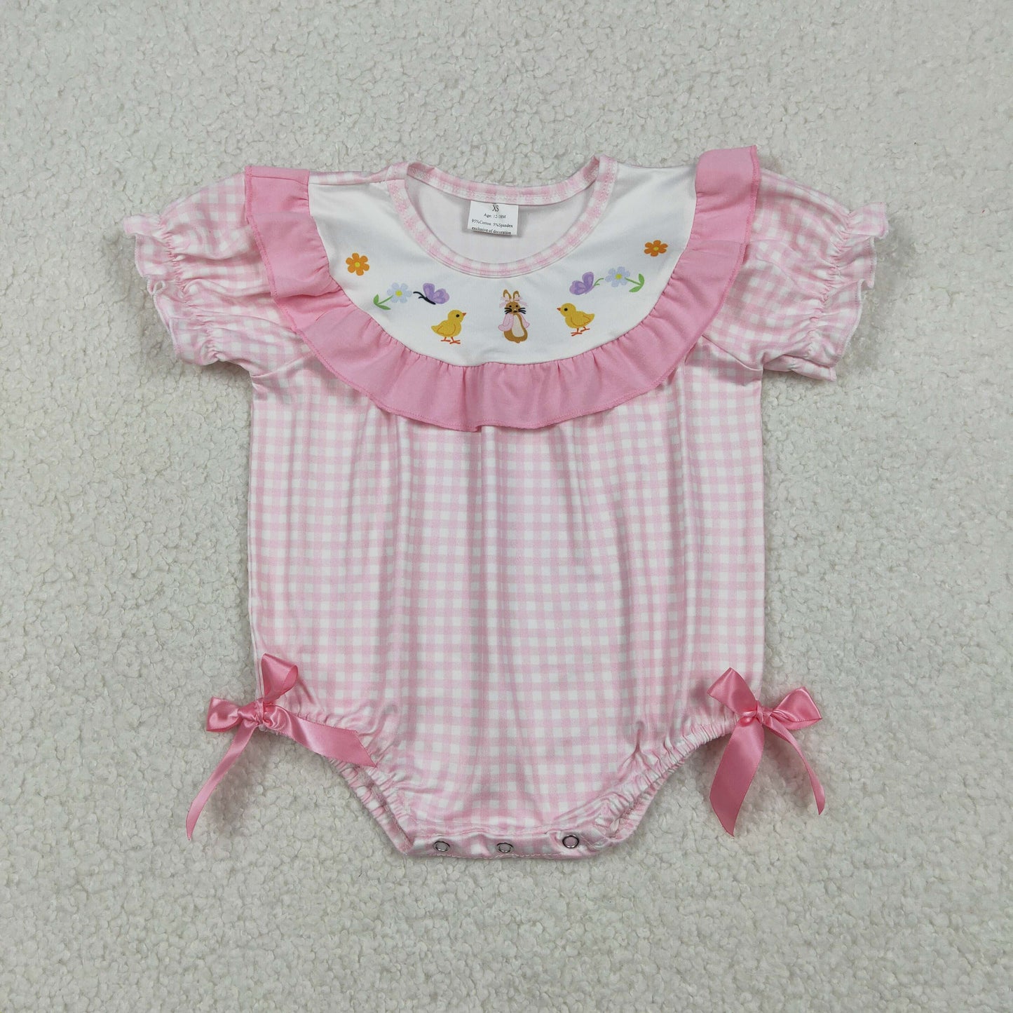 SR3565 Bunny Pink Plaid Print Baby Girls Easter Romper