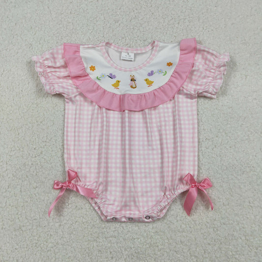 SR3565 Bunny Pink Plaid Print Baby Girls Easter Romper