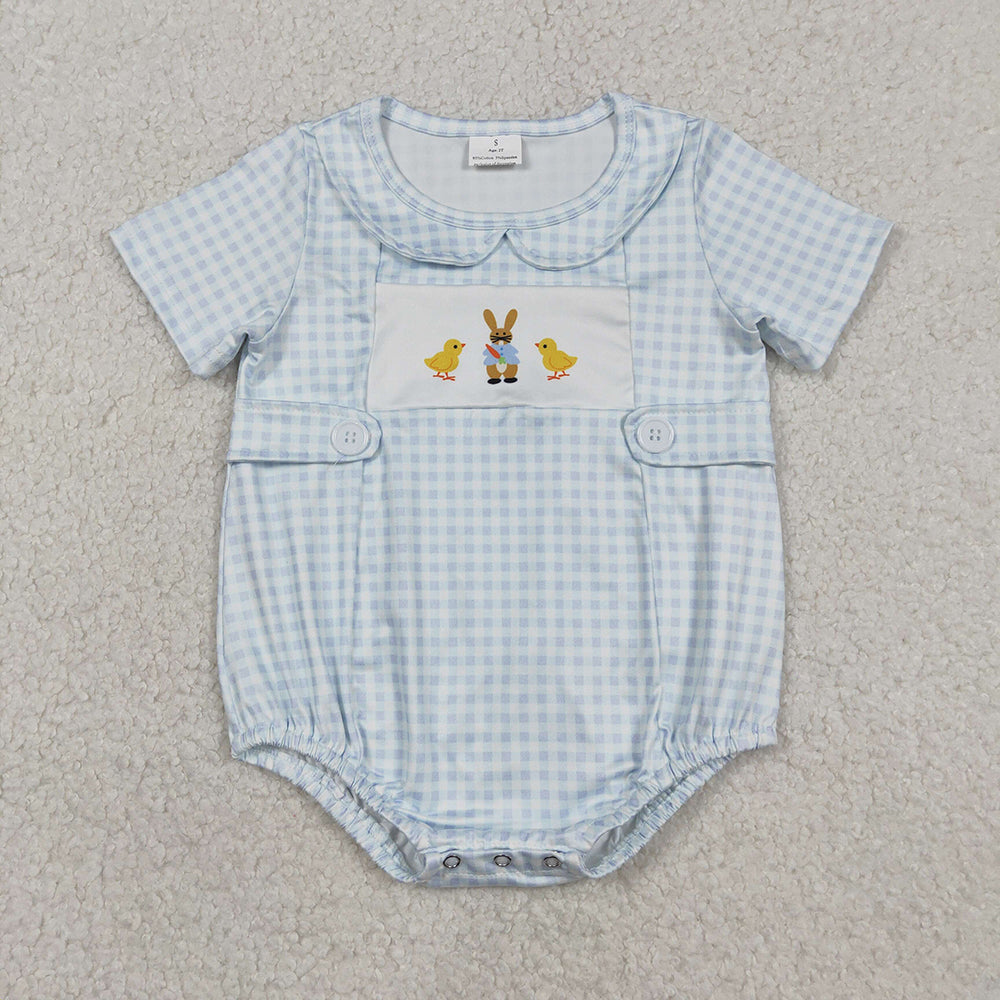 SR3566 Bunny Blue Plaid Print Baby Boys Easter Romper
