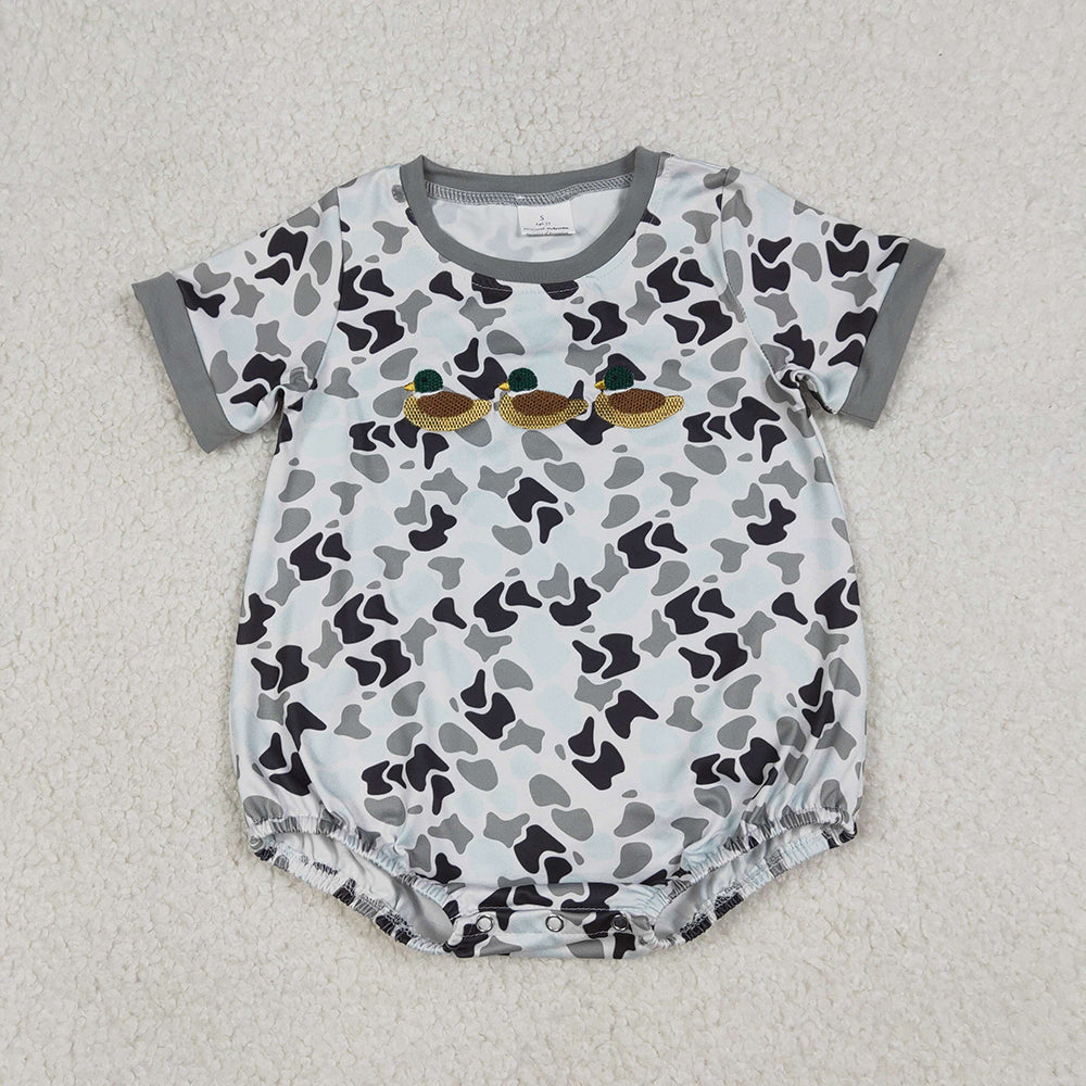 SR3571 Duck Embroidery Grey Camo Print Baby Boys Summer Romper