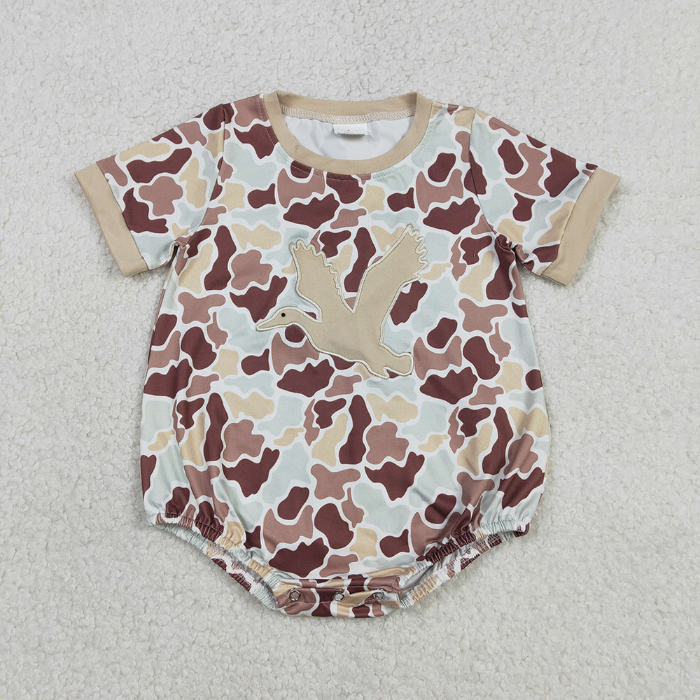 SR3572 Duck Embroidery Brown Camo Print Baby Boys Summer Romper