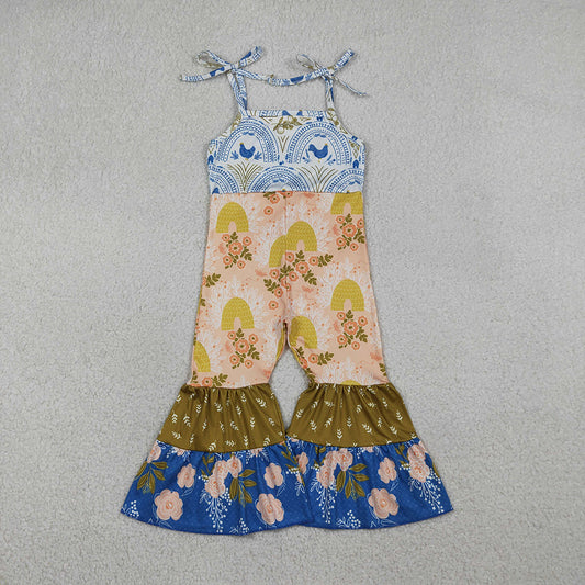 SR3582 Chicken Flowers Print Girls Summer Strap Jumpsuits