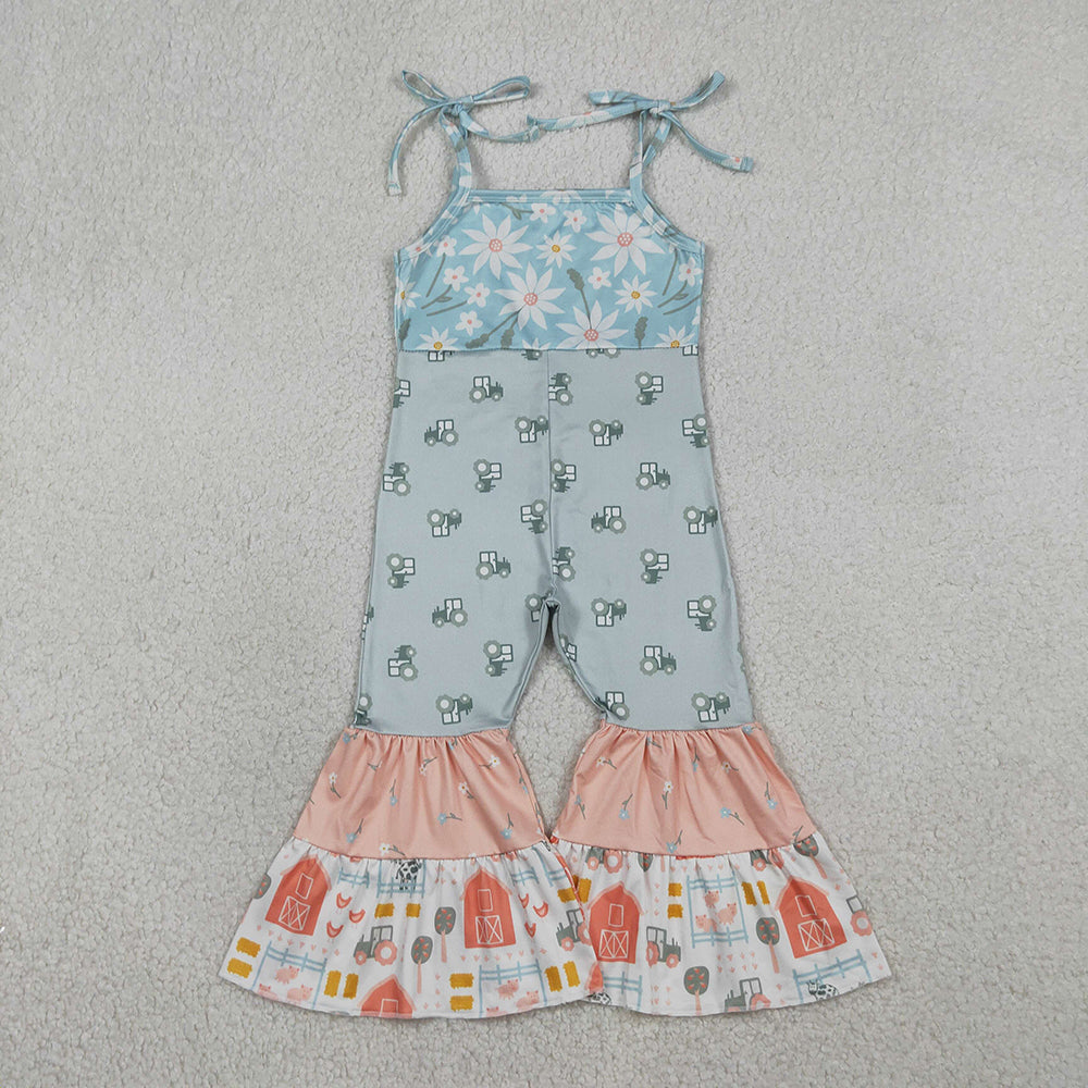 SR3587 Farm Animals Tractor Flowers Print Girls Summer Strap Jumpsuits