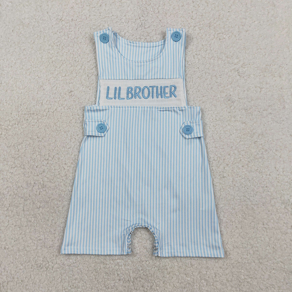 SR3592 LIL BROTHER Embroidery Blue Stripes Print Baby Boys Summer Smocked Romper